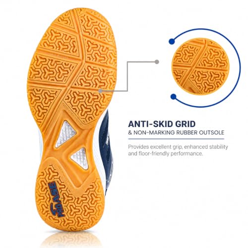 Image of Pro ASE Non-Marking Badminton Shoes - Lightweight & Durable, Perfect for Squash, Table Tennis, Pickleball & Indoor Sports | X-Cushion, Active Grip Sole, Toe Assist | Men, Women, Unisex | Blue,Black,White