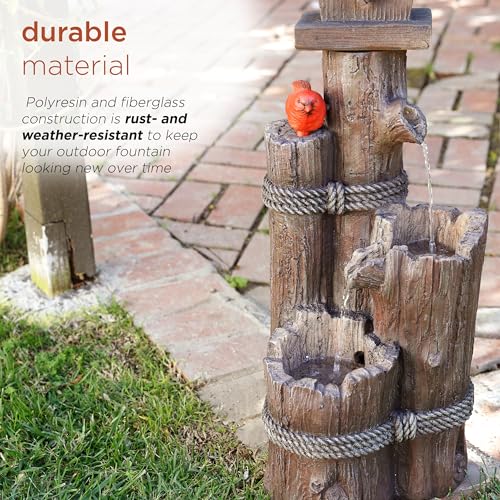 Alpine Corporation WCT1002 35" Tall Outdoor 3-Tier Birdhouse Water Fountain with Cardinal Accent, Rustic Floor Decor for Garden and Patio, Brown - Thumbnail 7