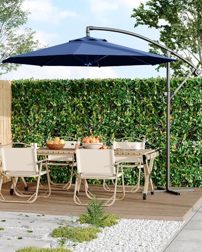 Cantilever Umbrella with Cross Base, 10FT Shade for 2-6 People, Outdoor Offset Design with Infinite Tilt and Crank Lift, Fade-Resistant Cross Base Canopy for Deck Pool Garden Backyard,Navy Blue