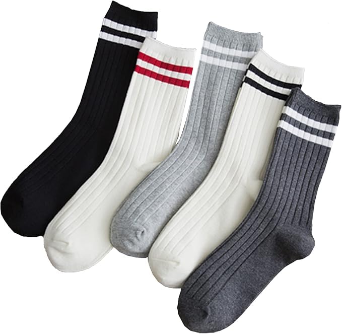 ASSHMHTC5 Pairs Fashion Striped Athletic Socks,Casual Cute Vintage Crew Socks,All Season Socks for Women Girls