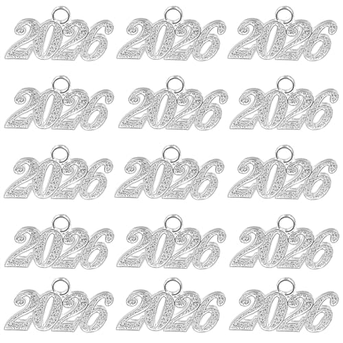 Juthfer 50 pieces 2026 Year Charm for Graduation Tassel Graduation Charm Pendant for DIY Jewelry Making (silver 2026)