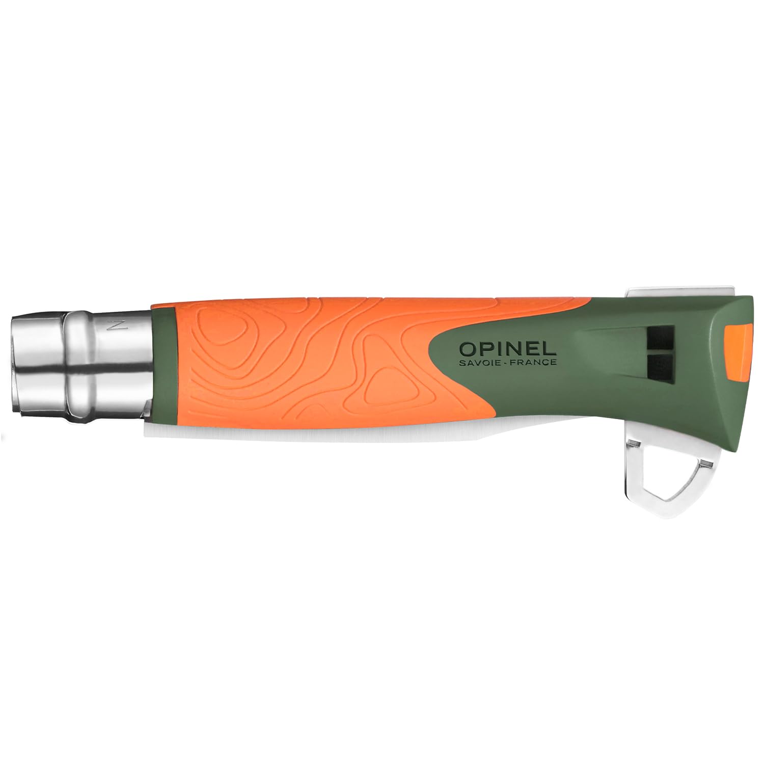 Opinel - N°12 Cuchillo Quitatizas Explore Naranja - Hoja de 10 cm de Acero Inoxidable, Mango de Polímero y Fibra de Vidrio, Silbato de 110dB, Alcance de 300m - Fabricación Francesa