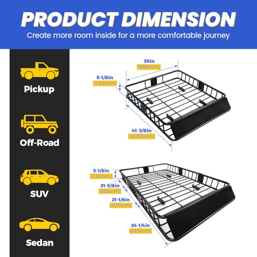 ECOTRIC 67" x 39" x 5.1'' Universal Roof Rack Cargo Carrier Basket with Extension Heavy Duty Steel Car SUV Top Luggage Storage Holder Basket for Travel 550LBS Weight Capacity