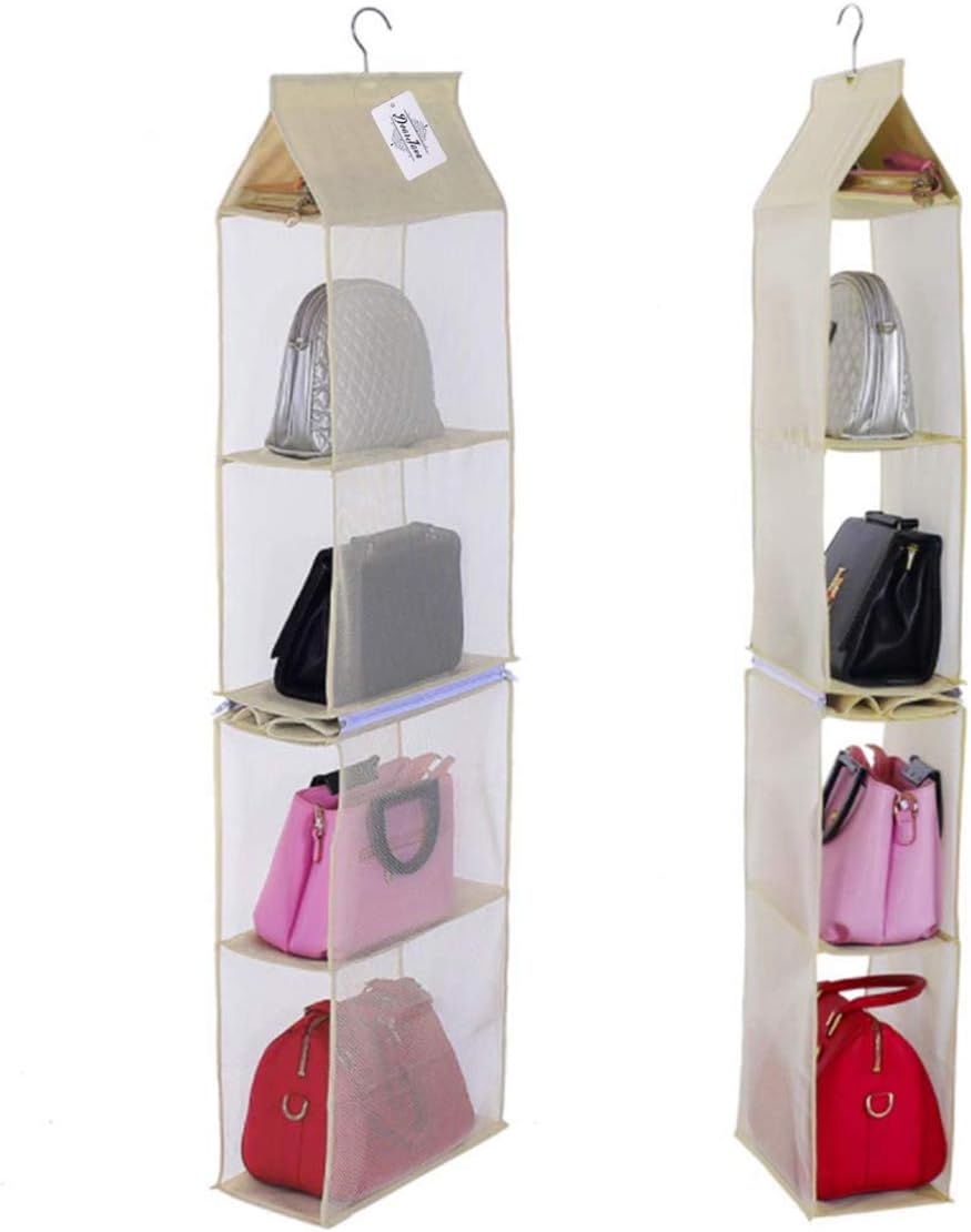 Dearjana Detachable 4 Compartment Pouch Hanging Handbag Organizer Clear Purse Bag Storage Holder Wardrobe Closet Space Saving Organizers System for Living Room Bedroom(Pack of 2 Beige)