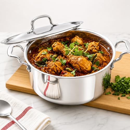 Image of SOLARA Triply Stainless Steel Deep Kadai with SS Lid, 20 cm | Heavy Bottom Tri Ply Cooking Pot for Boiling, Curry, Soup & Stew | Induction & Gas Compatible Stainless Steel Cookware