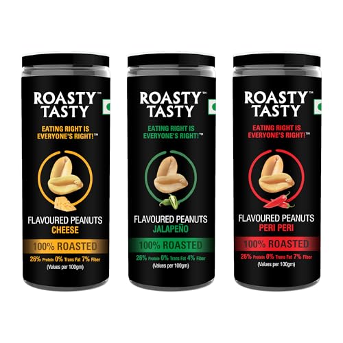 Image of Roasty Tasty Premium Assorted Roasted Peanuts | Healthy Snacks | Rich in Protein & Fibre | Roasted, Not Fried Snacks | Healthy Food | Gluten Free, Zero Cholesterol | Namkeen Peanuts | Crunchy Masala Peanuts | Jalapeno | Cheese | Peri Peri| Pack of 3 (100g each) |