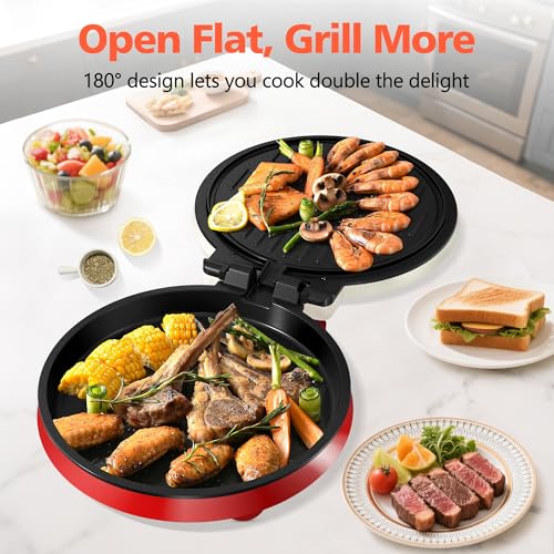 Small Electric Pancake Griddle - CACHOO 8'' Round Electric Griddle Nonstick with On/Off Switch, 180° Open Indoor Grill/Press Maker for Paninis, Quesadillas, Burgers, Omelettes, Thin Pizzas
