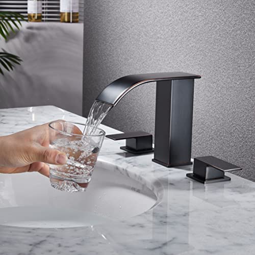 Loopan Widespread Bathroom Faucet Waterfall Bathroom Faucets For Sink 3 Hole Oil Rubbed Bronze, Bathroom Sink Faucet 8 Inch 2 Handles, Modern Bathroom Faucets With Pop-Up Drain & Cupc Supply Lines #TOP3