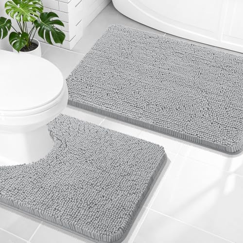 Image of OLANLY Bathroom Rugs Sets 2 Piece, Soft Absorbent Chenille Bath Mats and U-Shaped Contour Toilet Mat Area Rug Set, Machine Washable Bath Carpet, Home Decor Accessories(30 inchx20 inch+24 inchx20 inch, Light Grey)
