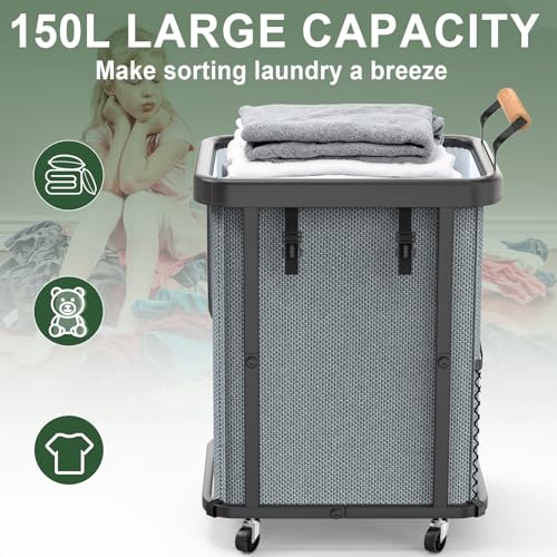 150L (40 Gal) Extra Large Fashion Laundry Basket with Wheels, Rolling Basket Hamper with Handle, Organizer Storage Cart with Sturdy Metal Frame for Laundry Room - Gray — view 2