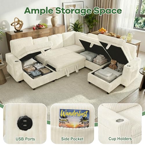 Image of Sleeper Sectional Couch, Sleeper Sofa Bed with Pull Out Bed, Oversized Corduroy Couch for Living Room, Bedroom and Apartment, Modular Corner Sofa with Storage, Beige
