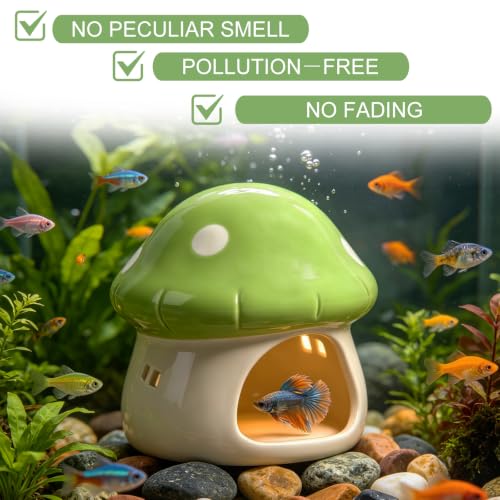 Image of Ceramics Mushroom House Aquarium Decor, Betta Fish Tank Accessories Landscape Decoration, Small Shrimp Goldfishes Habitat Hut Pleco Smalland Breeding Hide Caves Toad House - Green