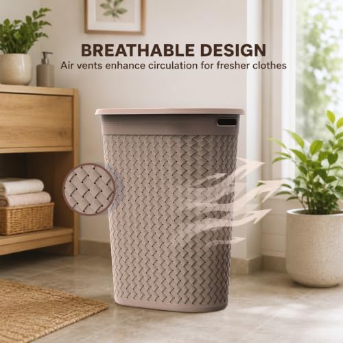 Image of KOLORR Stitch Laundry Basket 55L Woven Design Plastic Laundry Basket with Lid - Durable Organizer for Clothes, Towels, Laundry & Home Storage Pack of 1 With Lids - Light Brown