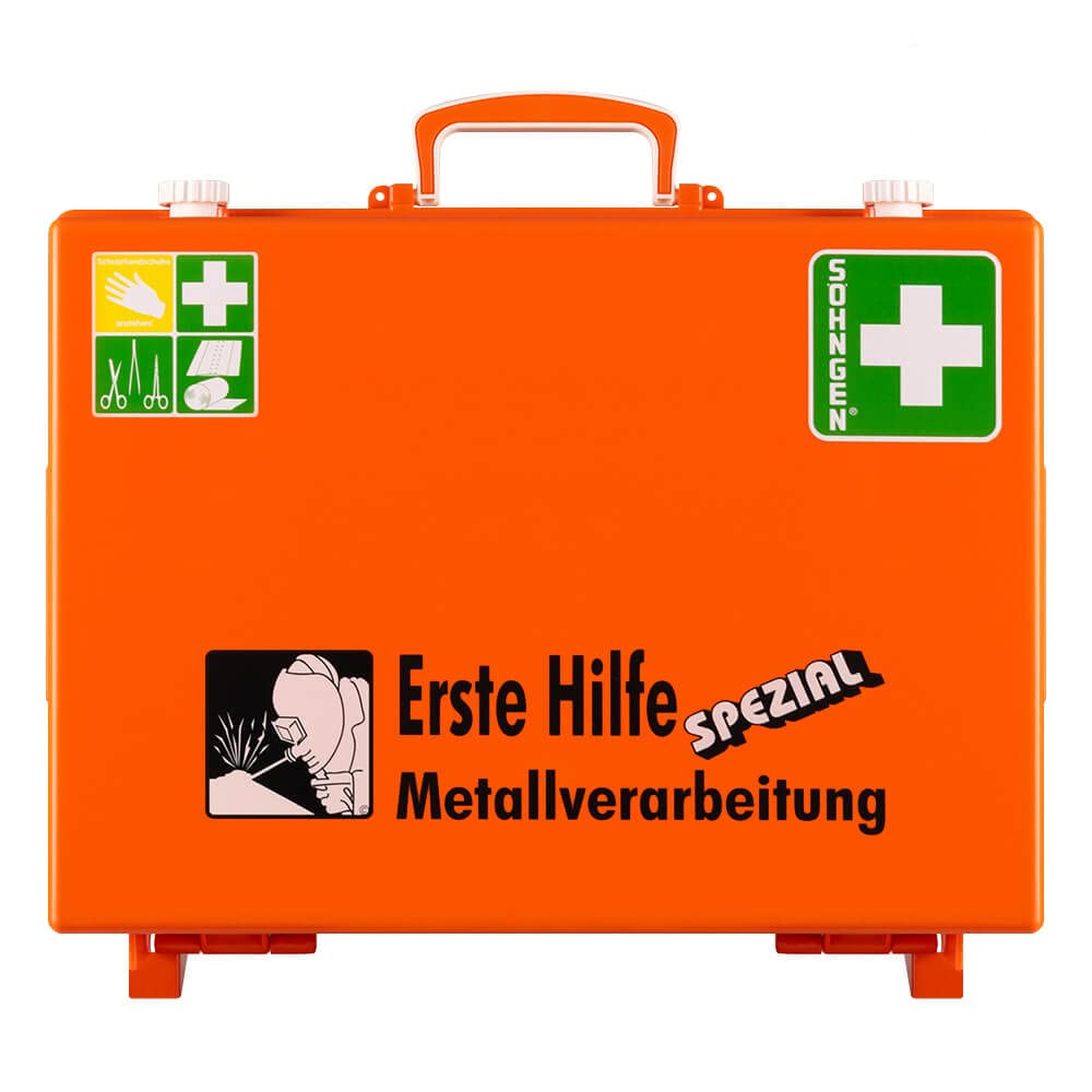 Erste-Hilfe-Koffer Metallverarbeitung Söhngen, Wandhalterung, orange, DIN 13157, Art.-Nr. 110032 | Verbandskasten | Notfallkoffer | Erste Hilfe Kasten