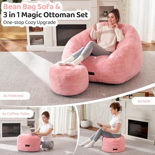 Image of HABUTWAY Bean Bag Chair, Giant Bean Bag Chairs for Adults with Ottoman, Comfy Faux Fur Shell-Shaped Bean Bag Couch, Sofa Chair for Living Room, Bedroom, Pink
