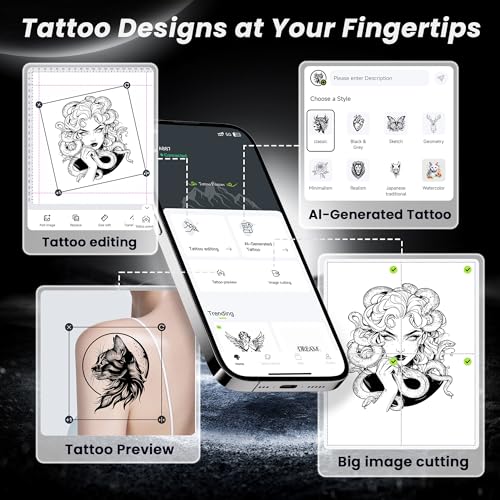 TATTMUSE Tattoo Drucker Bluetooth, Schablone Nadeldrucker mit 100 Stück Papier, A887 Tattoo Transfer mit Smartphone & PC, Stencil Drucker für Tattoo Künstler und Anfänger, Schwarz