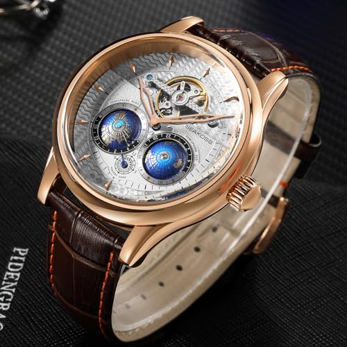 Image of SEAKOSS Watches for Men Automatic Mechanical Luxury Flywheel Watch 3D Double Globe Stainless Steel Case Men Wrist Watch