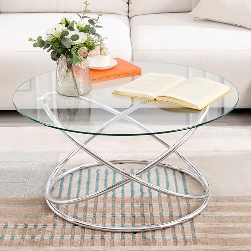Bekrvio Table basse ronde, table de salon avec pieds en métal argenté, table en verre pour salon, chambre à coucher, bureau