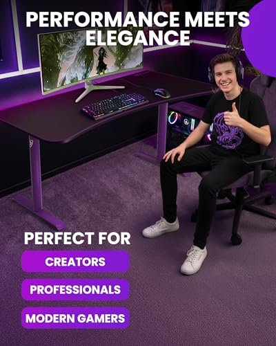 Image of Arozzi Arena Large Gamer Desk - 63x32 inch Adjustable Height PC Gaming Desk with Storage for Cables & Triple-Monitor Support - Full-Surface Washable Mousepad - Purple