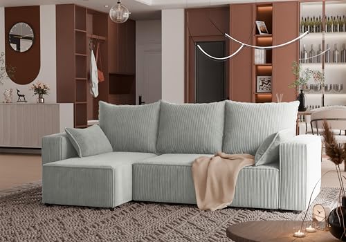 4ALL HOME Ecksofa mit Schlaffunktion Tobi 246x145 cm - Couch - Sofa mit Bettkasten - Eckcouch - L-Form - Schlaffsofa - Schlafsofa mit Bettkasten - Universal (Cord Poso 55 Grau)