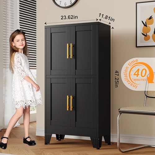 Image of GAIOUS 47.25 inch Metal Storage Cabinet, Black Kitchen Food Storage with 4 Door and 2 Adjustable Shelves, Freestanding Bathroom Cabinet, Pantry for Kitchen Dinning Room, Cupboard