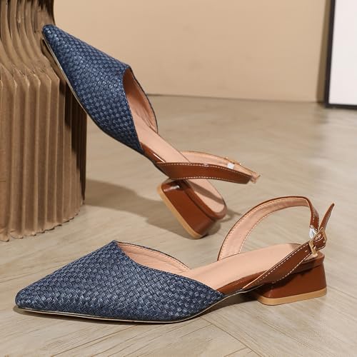 Women's Cute Woven Low Chunky Heeled Pointed Toe Slingback Heels, Classic Closed Toe 1.06-Inch Slip on Pumps for Women, Walking Shopping Summer Casual Dress Shoes2