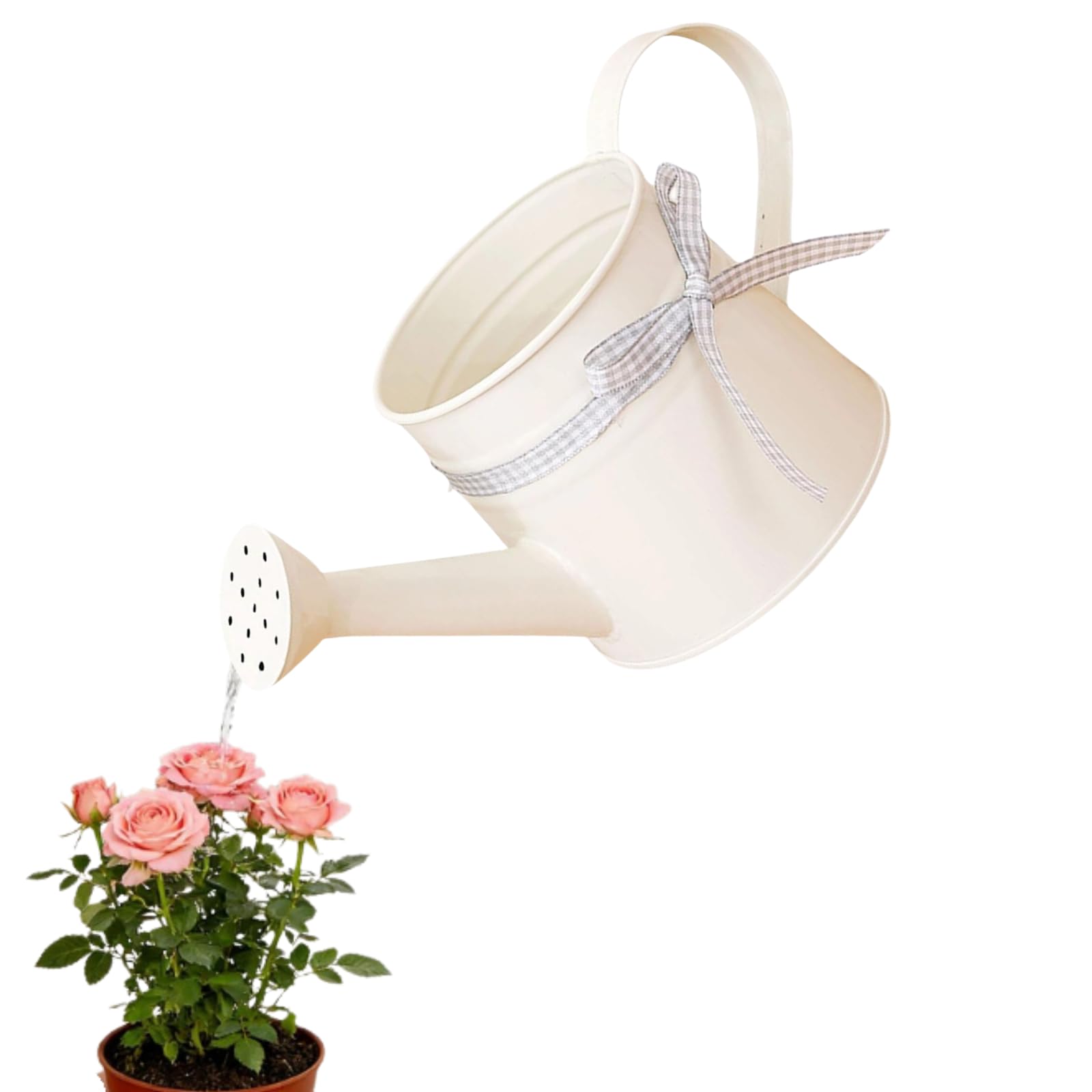 Small Metal Watering Can, 1L Vintage Houseplants Waterer Can with Ribbon, Galvanised Water Cans Garden Jug with Sprinkler Rose Head, for Garden Yarde Hourse Plants Flower (White)