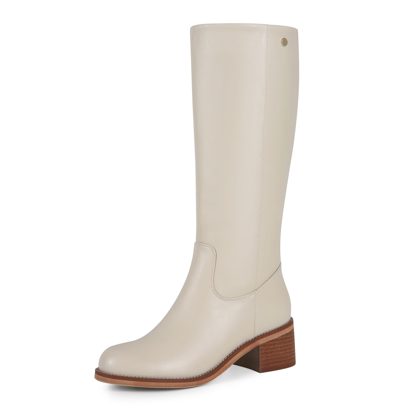 Womens Knee High Riding Boots Vegan Leather Round Toe Low Block Heel Side Zipper Comfort Insole Non-Slip Sole