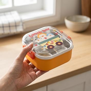 Deconox 600 ml Paslanmaz Çelik Yemek Kabı, 4 Bölmeli Kilitli Lunch Box, Çatal Kaşık Dahil Renkli Desenli Saklama ve Taşıma Kabı, 14x14x8 cm