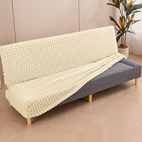 Image of HOKIPO Armless Sofa Cover for Sofa Cum Bed, 280 GSM Stretchable Elastic Futon Slipcover, 'Aria Nova' (Medium) Light Cream (AR-6702-CRM)