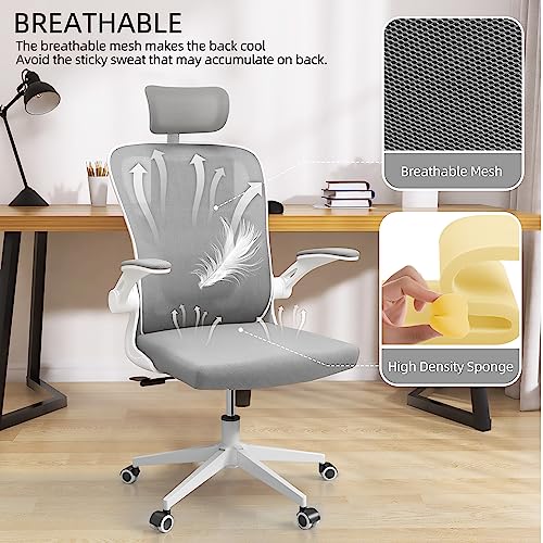 Image of Monhey Office Chairs, Ergonomic Office Chair, Computer Chair with Adjustable Headrest, Lumbar Support, 2D Armrest, Metal Base and Iron Legs, White Frame Grey Mesh Office Chair