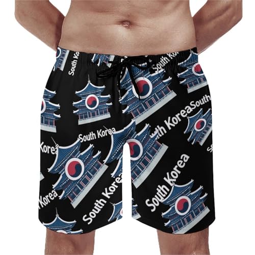 South Korea Flag Men's Swim Trunks Quick Dry Board Shorts Hawaiian Beach Shorts With Pocket
