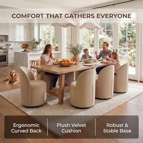 Image of HNY Upholstered Kitchen & Dining Room Barrel Chairs Set of 4, Mid Century Modern Round Velvet Dining Chairs, 360 Degree Swivel Comfy Armless Accent Makeup Vanity Side Chairs for Living Room, Khaki
