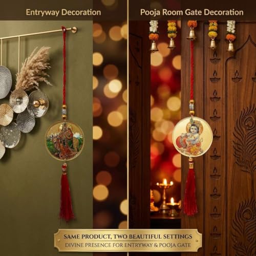 Image of Radha Krishna & Bal Gopal Wall Hanging Dual Side Gold Glossy Spiritual Decor for Home Temple Living Room Positive Vibes 13 Inch
