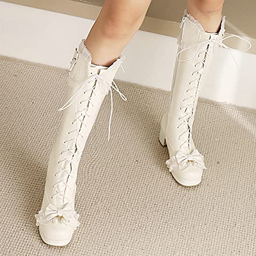 UniqueStride Womens Lolita Knee High Boots Mid Chunky Heel Lace up Boots Cute Sweet Bows Party Cosplay Kawaii Boots3
