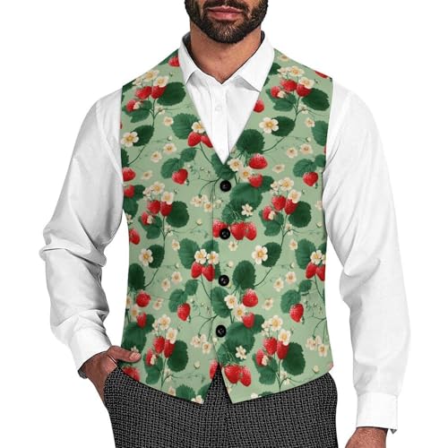 Strawberry And Flower Suit Vest for Men Slim Fit Sleeveless Jacket V Neck Business Waistcoat Button Up Dressy Top