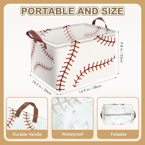 Image of Baseball Decor Storage Basket Waterproof Canvas Toy Storage Bin Baseball Room Decor Collapsible Outdoor Basket with Leather Handles Blanket Baskets For Closets,Bedrooms,Gifts Baskets