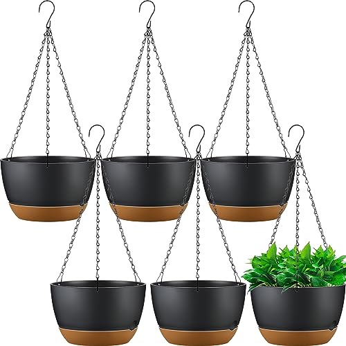 Remerry 6 Pcs 11.2 Inch Hanging Planters Hanging Plant Basket for Indoor Outdoor Plants Set Plastic Hanging Flower Pot with Drainage Holes and Removable Trays for Home Garden (Dark Gray)