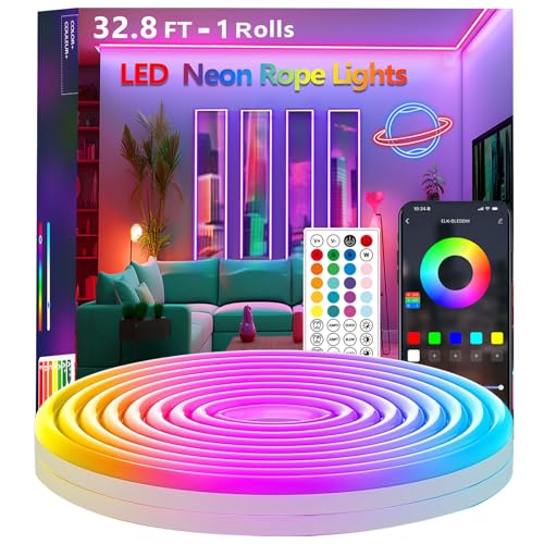 Bvokon 10M Neon Rope Lights,Flexible Led Rope Light Control with App/Remote,Multiple Modes,Music Sync,IP65 Outdoor RGB Led Strip Lights Waterproof
