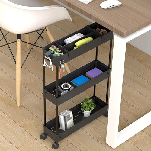 Image of SPACELEAD 2-piece Set Slim Storage Cart 3 Tier,Bathroom Organizer Rolling Utility,Mobile Shelving Unit Slide Out for Office, Kitchen, Laundry Room & Narrow Places