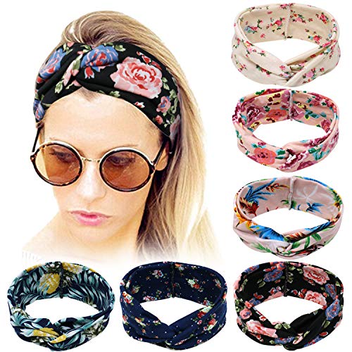 Onshine 6pcs Women Boho Headband Cute Vintage Flower Fashion Yoga Travel Headband Elastic Soft Twisted Turban Criss Cross Head Wrap Hair Bands for Women Hair Accessories (6pcs Printed Headbands)