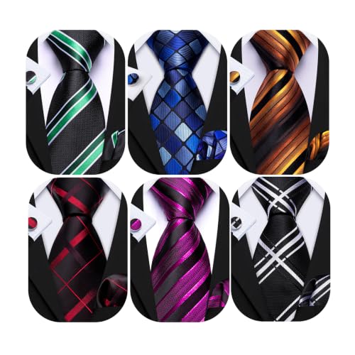 Image of Barry.Wang 6 PCS Men Ties Set Silk Business Fashion Woven Necktie Handkerchief Cufflinks Paisley Stripe Wedding Party
