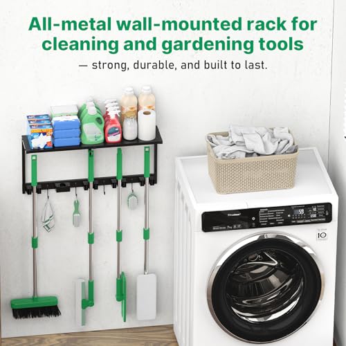 CCCEI-Broom-and-Mop-Wall-Mount-with-Shelf-Laundry-Room-Cleaning-Tools-Organization-Hanging-Rack-with-Hooks-Bathroom-Garage-Garden-Organizers-and-Storage-All-Metal-Black-1-Pack