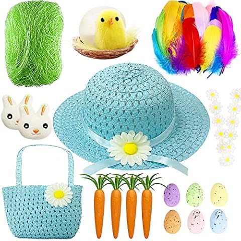 IHClink Kids Easter Bonnet Kit Easter Bonnet Decorations - Make Your Own Easter Craft Bundle Kit with Easter Bonnet Hat & Bag, Feathers Chicks Eggs Bunnies Daisy lace Carrots Grass (Blue) Cover