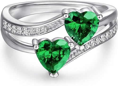 Miniatura 10 de Emsione Anillo de promesa de boda con topacio azul y blanco, chapado en plata de ley 925, con doble corazón