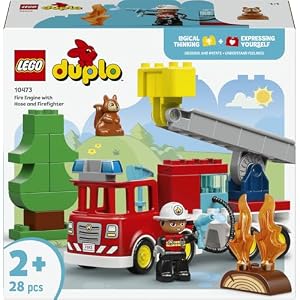 LEGO DUPLO Löschauto mit Schlauch und Feuerwehrmann 10473 | Spielzeug ab 2 Jahren für Jungen & Mädchen, Rotes Feuerwehrauto mit Leiter, Figur und Eichhörnchen, Kinder Geschenk, 28 Teile