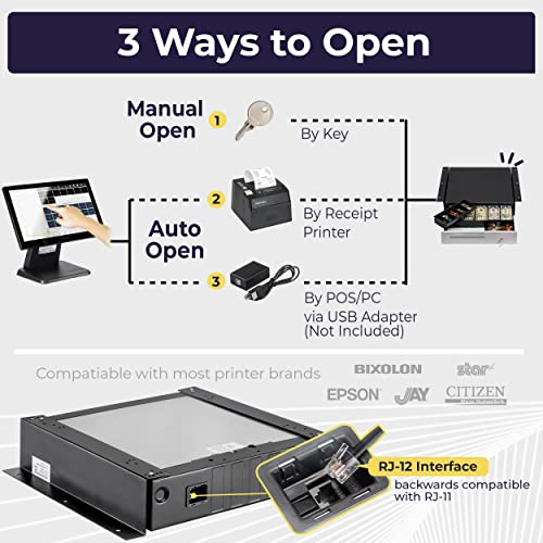Cash Register Drawer With Under Counter Mounting Metal Bracket - 16” Black - Stainless Steel Front Cash Drawer For Pos, 5 Bill 6 Coin Removable Coin Compartment, 24V Rj11/Rj12 Key-Lock, Media Slot #TOP3