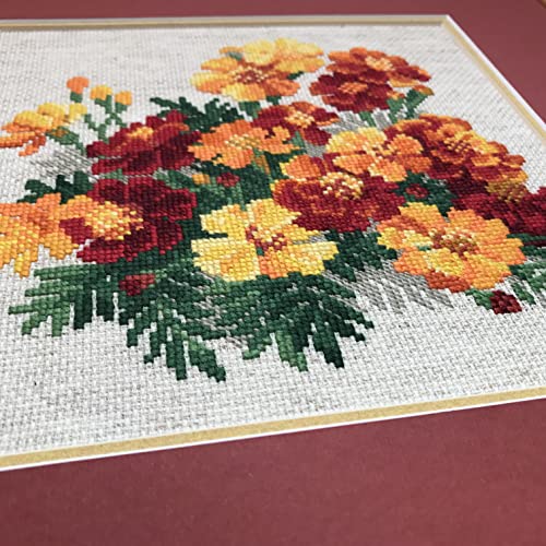Image of RIOLIS - Marigolds 1556, Floral Cross Stitch Kits 7.75 inchX7.75 inch, Cross Stitch Kits for Beginners & Advanced, Crossstitching Kits Adult, Counted Stitching Kits, Flowers Embroidery Kit