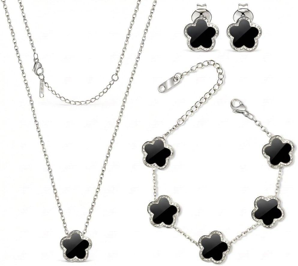 Five Leaf Clover Jewelry Set for Women | 18K Gold Plated Bracelet Necklace Earrings | 5 Leaf Lucky Pendant and Ear Studs for Her