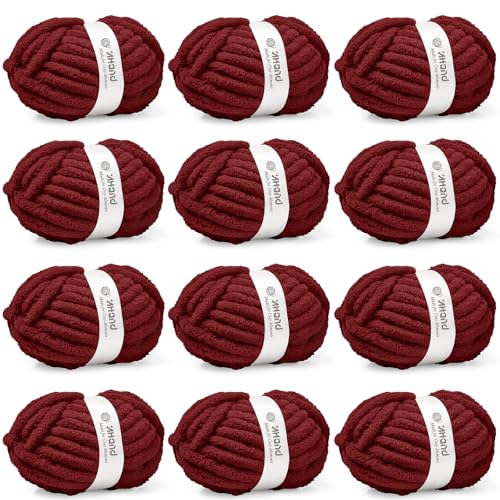 Image of Inhand Dark Red Chunky Chenille Yarn for Hand Knitting,Thick Bulky Mom Blanket Yarn for Crocheting,Soft Fluffy Yarn for Mother's Day Gifts and Crafts for Women /Grandma,12 Pack (29.5Yds /8.4oz Each)